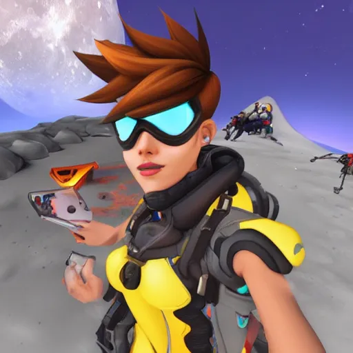 Image similar to tracer overwatch taking selfie on the moon