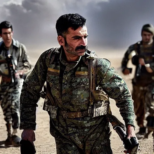 Prompt: kurdish military general in a movie directed by christopher nolan, movie still frame, promotional image, imax 7 0 mm footage, strong and imposing