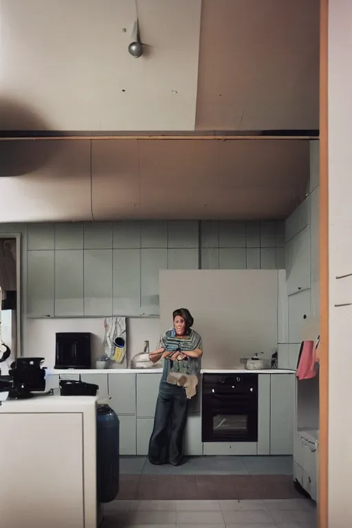 Image similar to Medium Format Portrait Photo of a modern kitchen with a toilet in the middle of the room. A dog is cooking breakfast. award winning, highly detailed, depth of field, Cinestill 800t, wide shot, photo print.