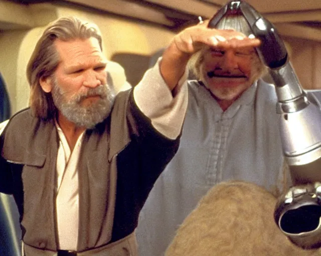 Image similar to Jeff Bridges from The Big Lebowski throwing a bowling ball in the Mos Eisley Cantina in Star Wars