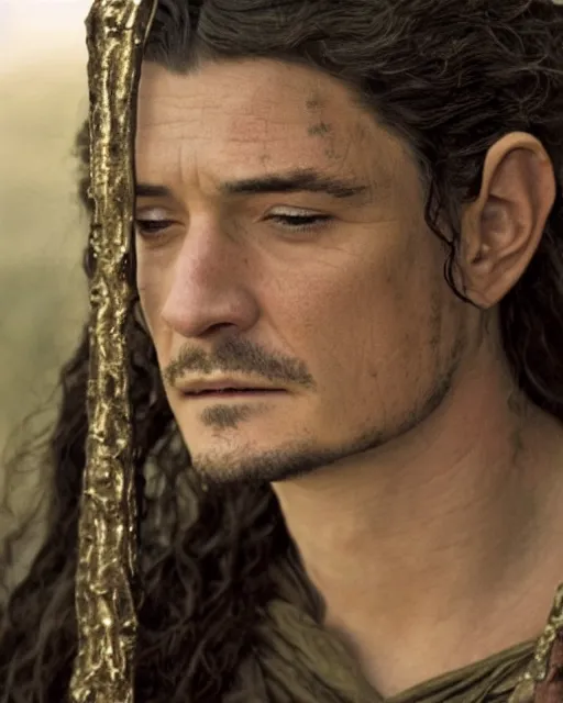 Prompt: Orlando Bloom in the role of galadriel, film still, high detail