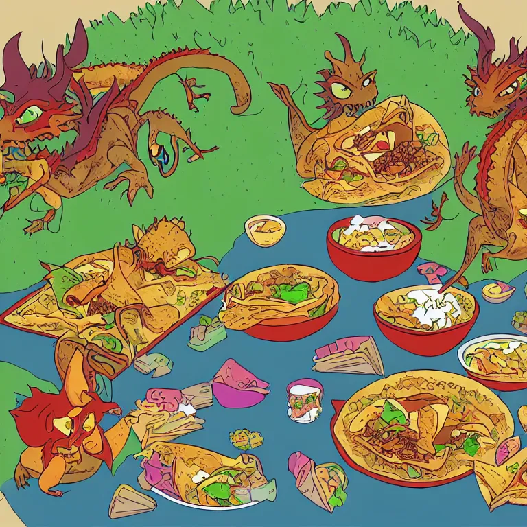 Prompt: dragons eating tacos, childrens book illustration