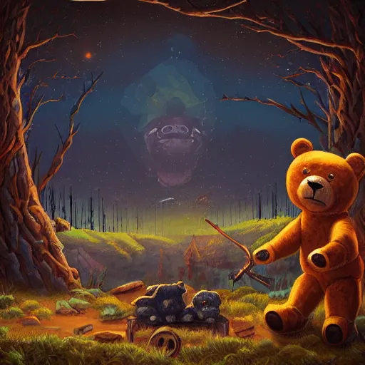 Image similar to a paint of dan mumford, of a robotic teddy bear painting a picture of a cute bear, in the background an apocalyptic panorama, artstation