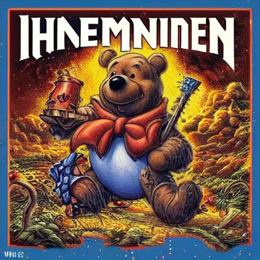 Image similar to winnie the poo on iron maiden album cover, 8 k resolution hyperdetailed photorealism