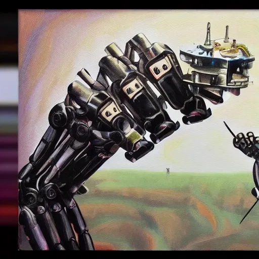 Prompt: a scary multi armed robot painting a picture