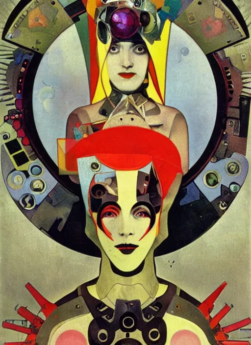 Image similar to cute punk goth fashion fractal alien martian girl with wearing a television helmet and kimono made of circuits and leds, surreal Dada collage by Man Ray Kurt Schwitters Hannah Höch Alphonse Mucha