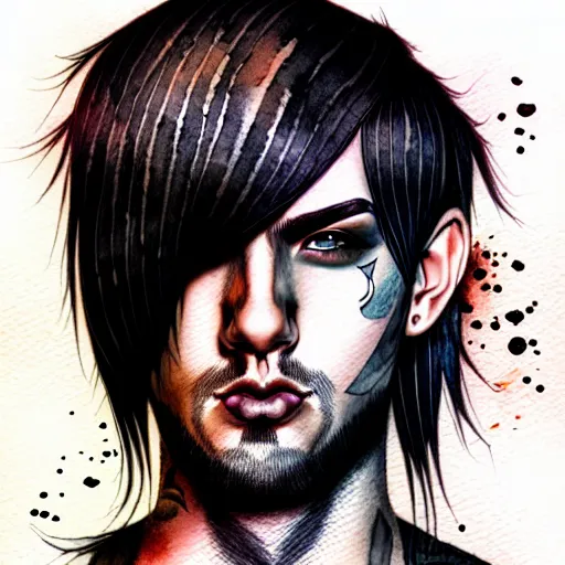 Prompt: hyper realistic ink and watercolor drawing of a handsome emo guy full portrait, detailed, rim light, diffused, intricate, axe, battle, emo by anna dittmann,