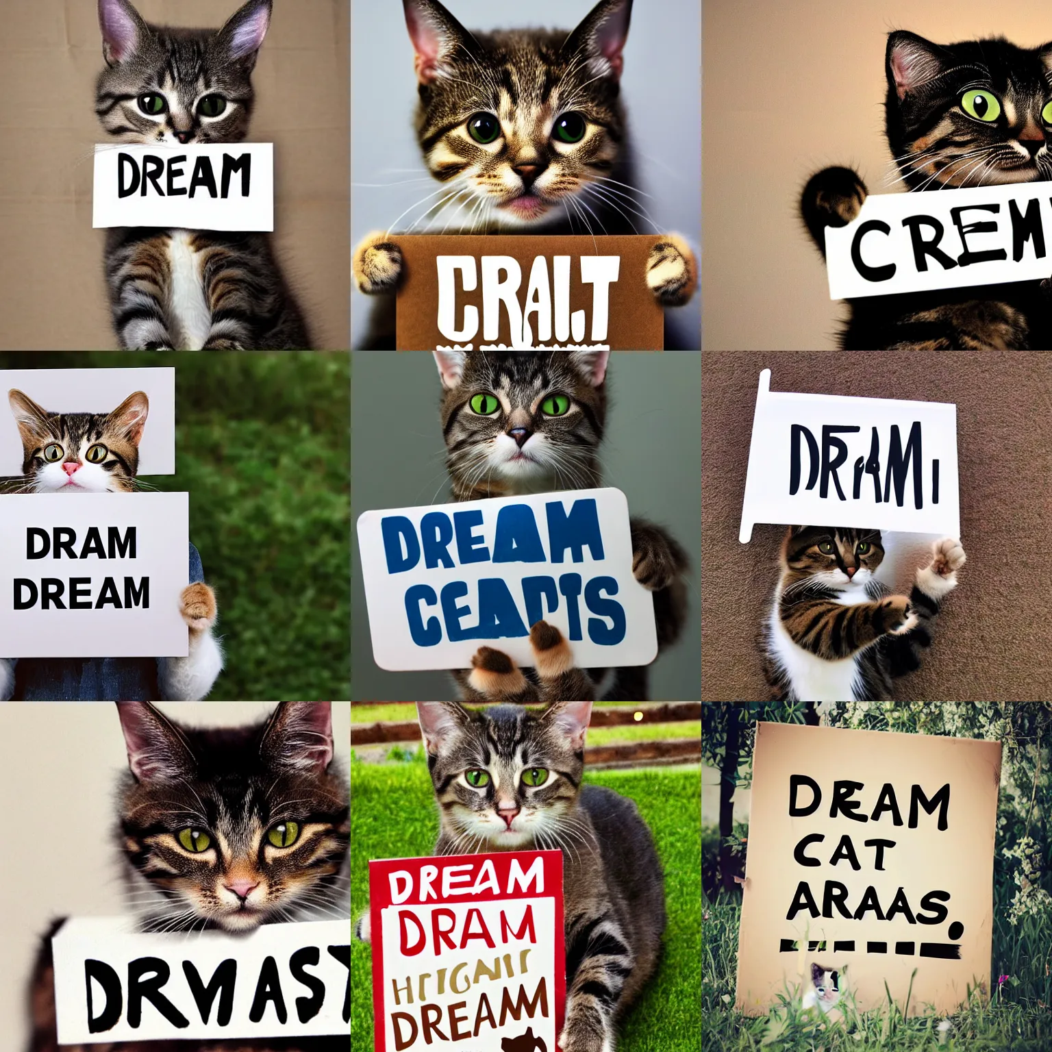 Image similar to realistic high quality photo of a cute cat holding a sign with text that reads : dream cats