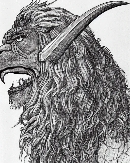 Prompt: a creature with the body and eyes of a man, beak of an eagle, the mane of a lion, two horns of an ox. drawn by moebius