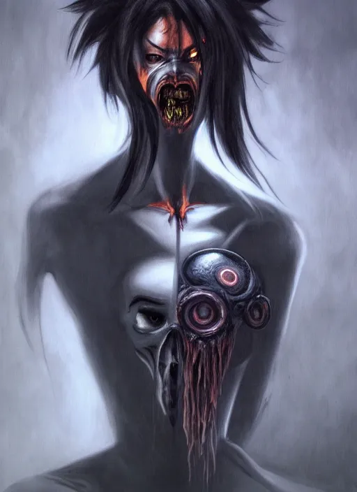 Image similar to dark portrait painting of tracer from overwatch, in style of zdzisław beksinski, scary, horror, 4 k, feminine facial features, overwatch tracer character, horror, body horror, disturbing, detailed face, dressed in dark garment, black tendrils, tall,