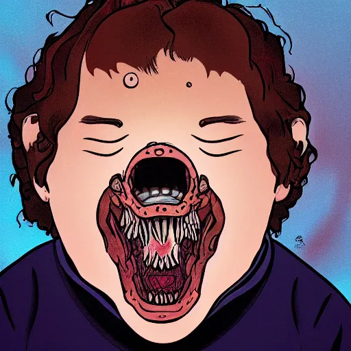 Prompt: a fat white kid with a demogorgon head