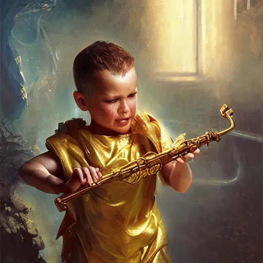 Image similar to stunning portrait of 3yo greek argonaut Orpheus playing the golden lyre, painting by Raymond Swanland, cyberpunk, sci-fi cybernetic implants hq