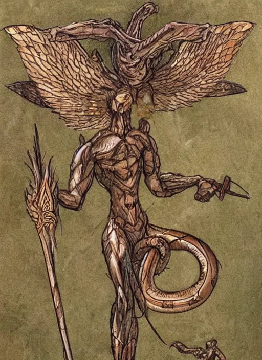 Image similar to Aspis a fantasy charater Proto-Slavic mythology, a winged snake with two trunks and a bird's beak. Aspis is invulnerable to conventional weapons, it cannot be killed with a sword or arrow, but can only be burned