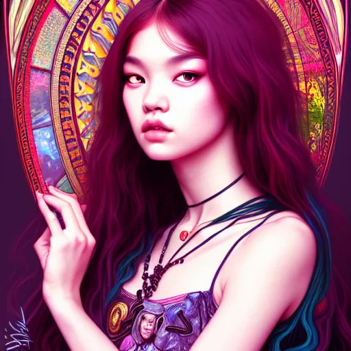 Image similar to portrait of jossi of blackpink, goddess of hell, highly detailed, digital painting, smooth, sharp focus, illustration, ultra realistic, 8 k, art by artgerm and alphonse mucha