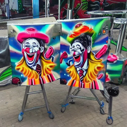 Image similar to dancing laughing clowns, fairground airbrush art on fairground equipment