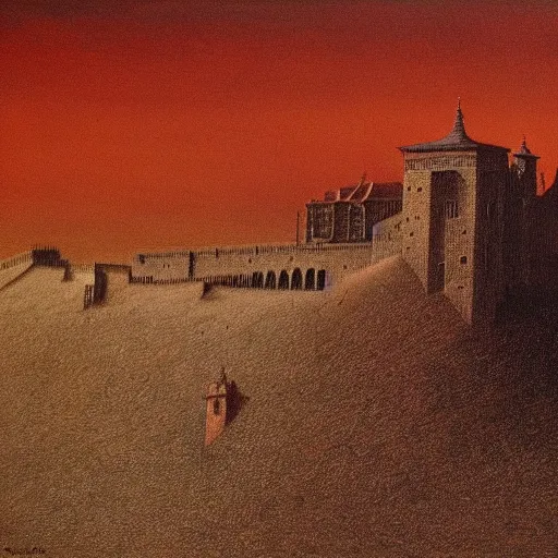 Prompt: Beksinski painting of Cracow Wawel castle buried in the sands of a vast desert, most of the castle is covered in sand, beautiful lighting, detailed, realistic