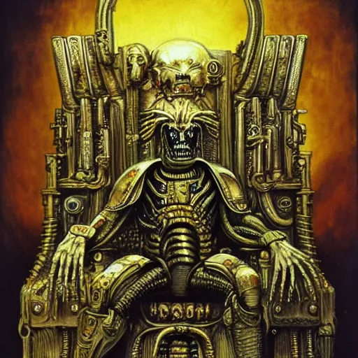 Image similar to Illustration by H.R Giger of The Emperor on his Golden Throne in a body horror style. Warhammer 40k