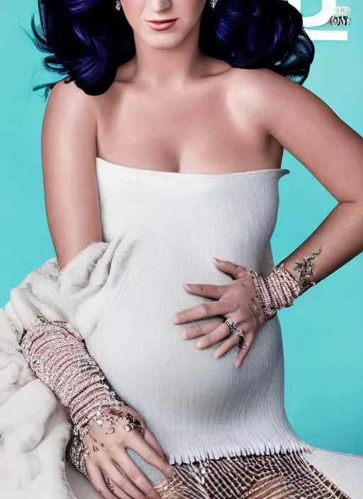 Image similar to smooth, 4 k hdr, 3 5 mm magazine photography of katy perry pregnant in a white dress, highly detailed, symmetrical face, fine details,