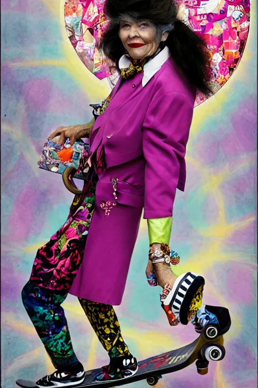 Image similar to a portrait of a fashionable gran on a skateboard in los angeles, in the style of david lachapelle