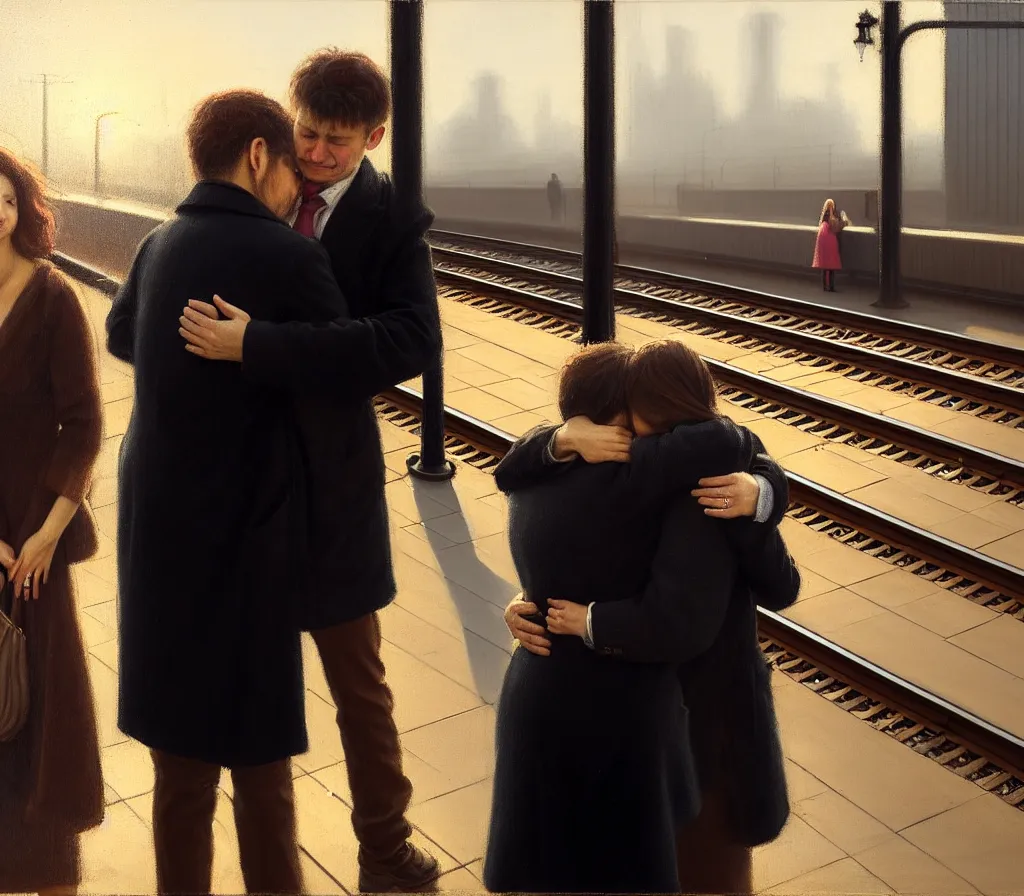 Prompt: A man and a woman wait for a train on a platform back to the camera, hugging, trains in the background, morning hard light, photorealistic classical painting