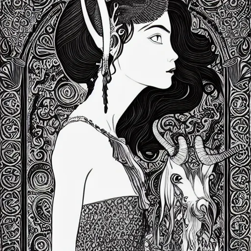 Prompt: filigree detailed illustration of a profile of gypsy girl with long curly hair and big goat horns, aubrey beardsley, tomer hanuka, makoto shinkai