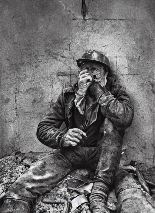 Prompt: hyper detailed bright photograph of a tired miner by don mccullin, color, dslr