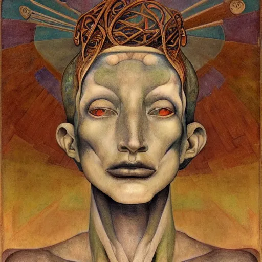 Image similar to robot boy wearing the bone crown, by annie swynnerton and diego rivera and lucien freud and jean delville and evelyn de morgan, symbolist, dramatic lighting, elaborate geometric ornament, art brut, soft pastel colors, smooth, sharp focus, extremely detailed, adolf wolfli, leo and diane dillon, nicholas roerich, donato giancola