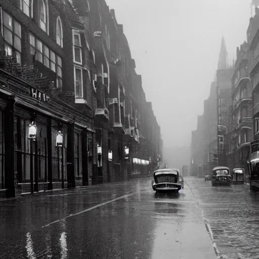 Image similar to A 1950s rainy street scene in London, black & white photograph