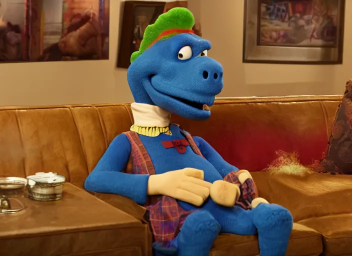 Image similar to retired barney, sitting in a lounge, sipping whiskey and smoking a cigar in the new barney the dinosaur show, 4 k