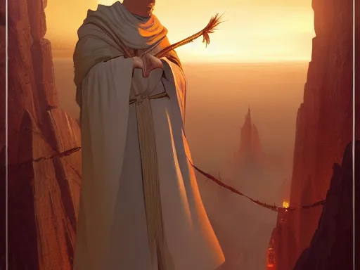 Prompt: spire ascetic. a monk pondering on a spire, that worships purity and cleanliness ascended to a glorious life, free from the filth of the world. detailed digital illustration for mtg. dnd fantasy epic illustration by seb mckinnon. trending on artstation. character focus. by wotc