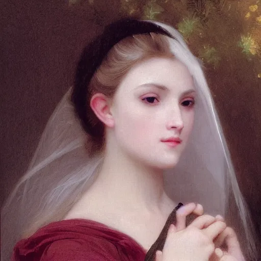 Image similar to portrait painting of a princess, close-up, highly beautiful, elegant, graceful, platinum white hair, pale, by Bouguereau, highly detailed, sharp focus, smooth