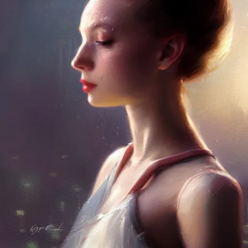 Prompt: beautiful aesthetic inspirational digital oil painting of a close - up ballerina, by greg rutkowski, ultra detailed, fine details, trending on artstation, volumetric light.