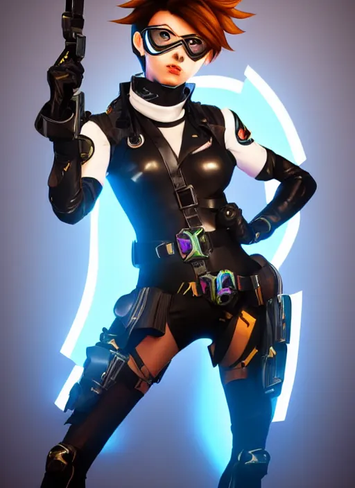 Image similar to full body digital artwork of tracer overwatch, wearing black iridescent rainbow latex, 4 k, expressive happy smug expression, makeup, in style of mark arian, wearing detailed black leather collar, wearing sleek armor, black leather harness, detailed face and eyes,