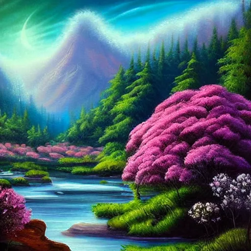 Image similar to large landscapes from another world, beautiful painting, very detailed fauna and flora, enhance lighting