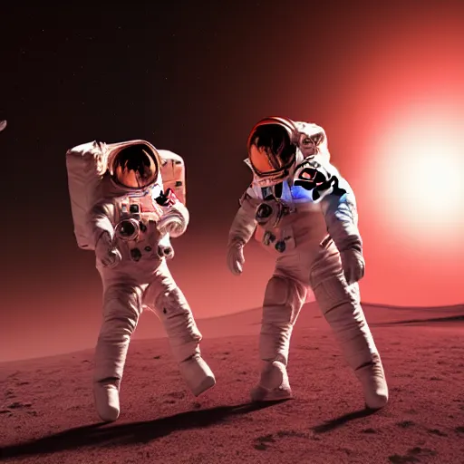 Prompt: A hyper real comic book style portait painting of two astronauts dancing Salsa on the moon, unreal 5, hyperrealistic, octane render, cosplay, RPG portrait, dynamic lighting