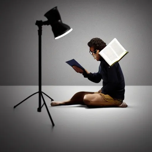 Prompt: a photo of someone sitting on an invisible chair reading a book, realistic, detailed, studio lighting, award winning photo, 8k, hd