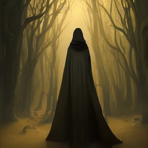 Prompt: a portrait of a young woman wearing a long dark cloak, hood and shadows covering face, holding golden chains, oil painting, Volumetric Golden dappled dynamic lighting, Highly Detailed, Cinematic Lighting, Unreal Engine, 8k, HD, by Beksinski