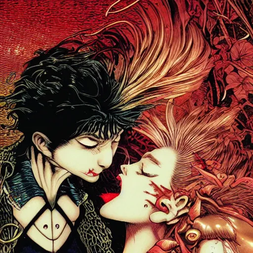 Image similar to closeup of vampire kiss, wax, by yoichi hatakenaka, masamune shirow, josan gonzales and dan mumford, ayami kojima, takato yamamoto, karol bak