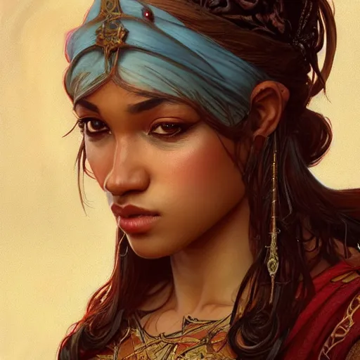 Prompt: Ansu Fati wearing a bandana, closeup, D&D style, fantasy, intricate, elegant, highly detailed, digital painting, artstation, concept art, matte, sharp focus, illustration, art by Artgerm and Greg Rutkowski and Alphonse Mucha