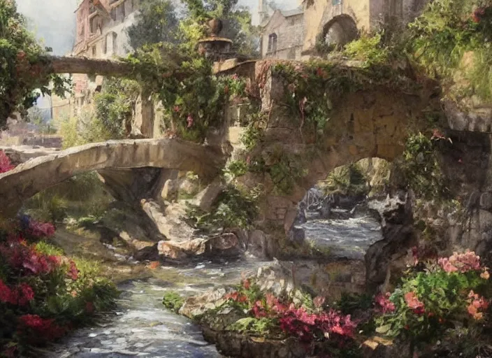 Image similar to watercolor of rustic stone bridge with mural, ivy, summer daylight, bright clear day, clouds, high detailed art by dennis miller bunker, work by anders zorn, wonderful masterpiece by greg rutkowski, beautiful cinematic light, american romanticism by greg manchess, creation by tyler edlin