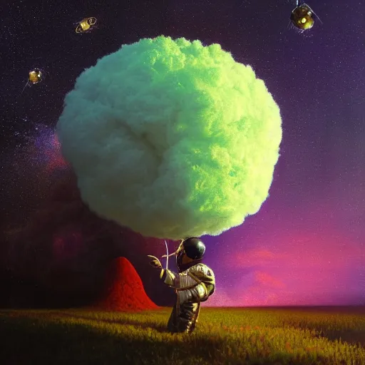 Prompt: AN 8K RESOLUTION MATTE PAINTING OF A BLACK BOY DRESSED LIKE AN ASTRONAUT IN A FIELD OF COTTON CANDY WITH FIREFLIES AT SUNSET, BY CHRIS LEIB AND Alan Bean and Agostino Arrivabene in a surreal style. Vibrant, VIVID COLORS, retro scifi, ASTROPHOTOGRAPHY