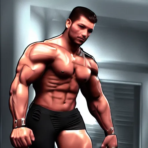 Image similar to a realistic detailed photo of a bodybuilder who is also a male android, Chris Redfield, shiny skin, posing robotically. blank stare