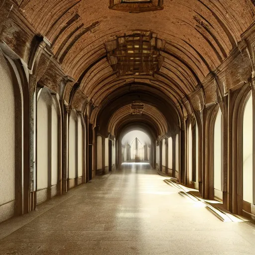 Image similar to a long retro asylum hallway, arched ceiling, one point perspective, vanishing point, symmetrical composition, rich colors, dramatic lighting, by lee madgwick, photorealistic, v - ray render 8 k uhd