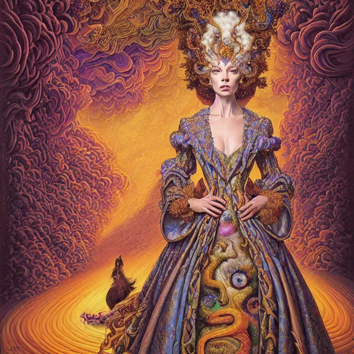 Image similar to beautiful oil painting, full length portrait of dauphinois in baroque coronation robes 1701, Dan Mumford, Dan Mumford, Alex grey, hyacinthe rigaurd, highly detailed , lsd visuals, dmt fractal patterns, hallucinogen, visionary art, psychedelic art, ornate, vaporwave, baroque, Greg rutkowski