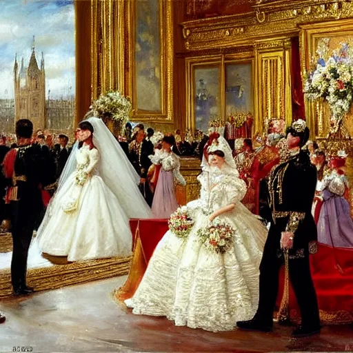 Prompt: painting of a royal wedding by Laurits Tuxen, highly detailed, fancy, high quality, oil painting, cinematic