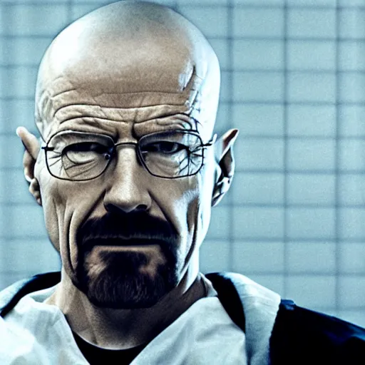 Prompt: walter white pushing a large grey cube in a large empty white room