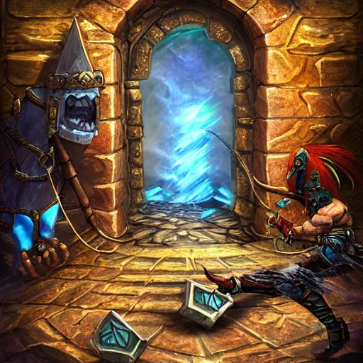 Image similar to a warrior falling into a deadly metal trap door, chained trap door, hearthstone art style, epic fantasy style art, fantasy epic digital art