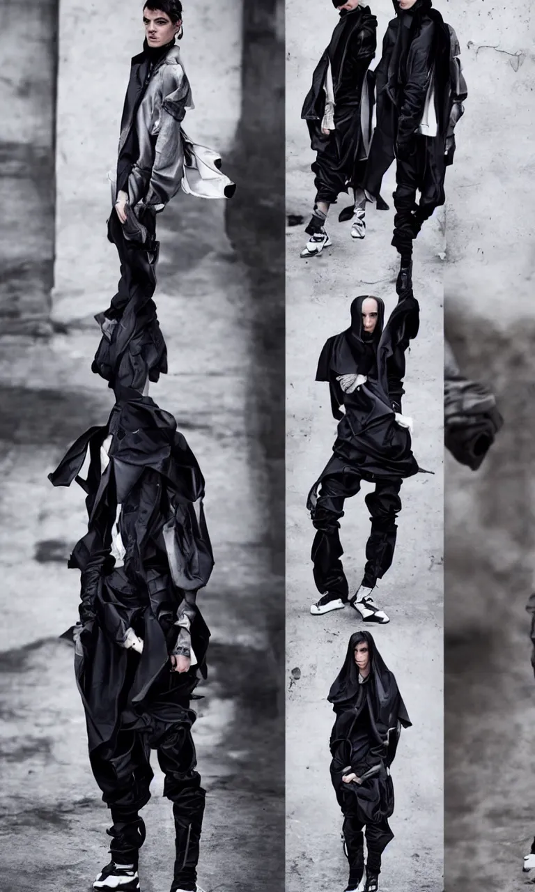 Image similar to beautiful androgynous techwear look and clothes, avant garde fashion, Rick Owens, Y3, trending on r/streetwear, fit pic