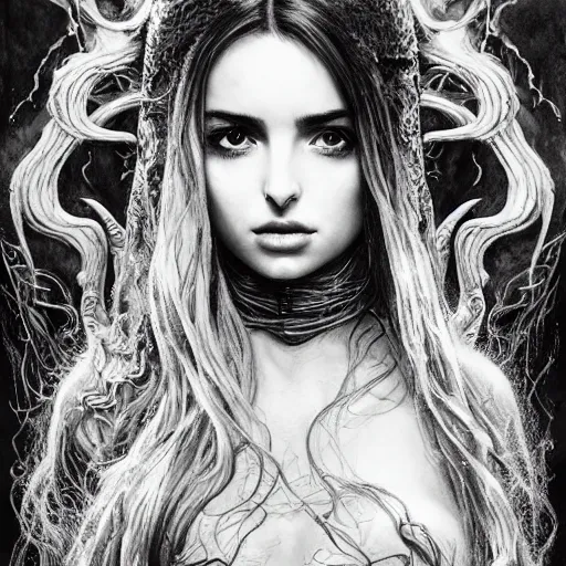 Image similar to half length portrait of ana de armas as a warlock using cthulhu eldritch magic, d & d, medieval, fantasy, giger, royo, klimt, miro, vallejo, frazetta, alphonse mucha, greg rutkowski, whealan