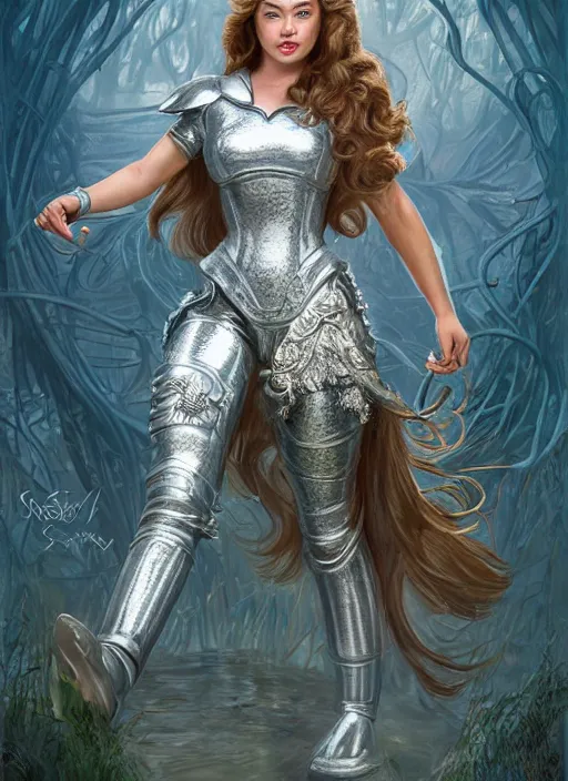 Image similar to beautiful female dorothy gale, rebecca romijn as dorothy, full body character concept, covered in full silver armor, armor plating, art nouveau, sparkling emeralds, super powers, fantasy, intricate, elegant, highly detailed, digital painting, artstation, concept art, shining, sharp focus, illustration, art by stanley lau